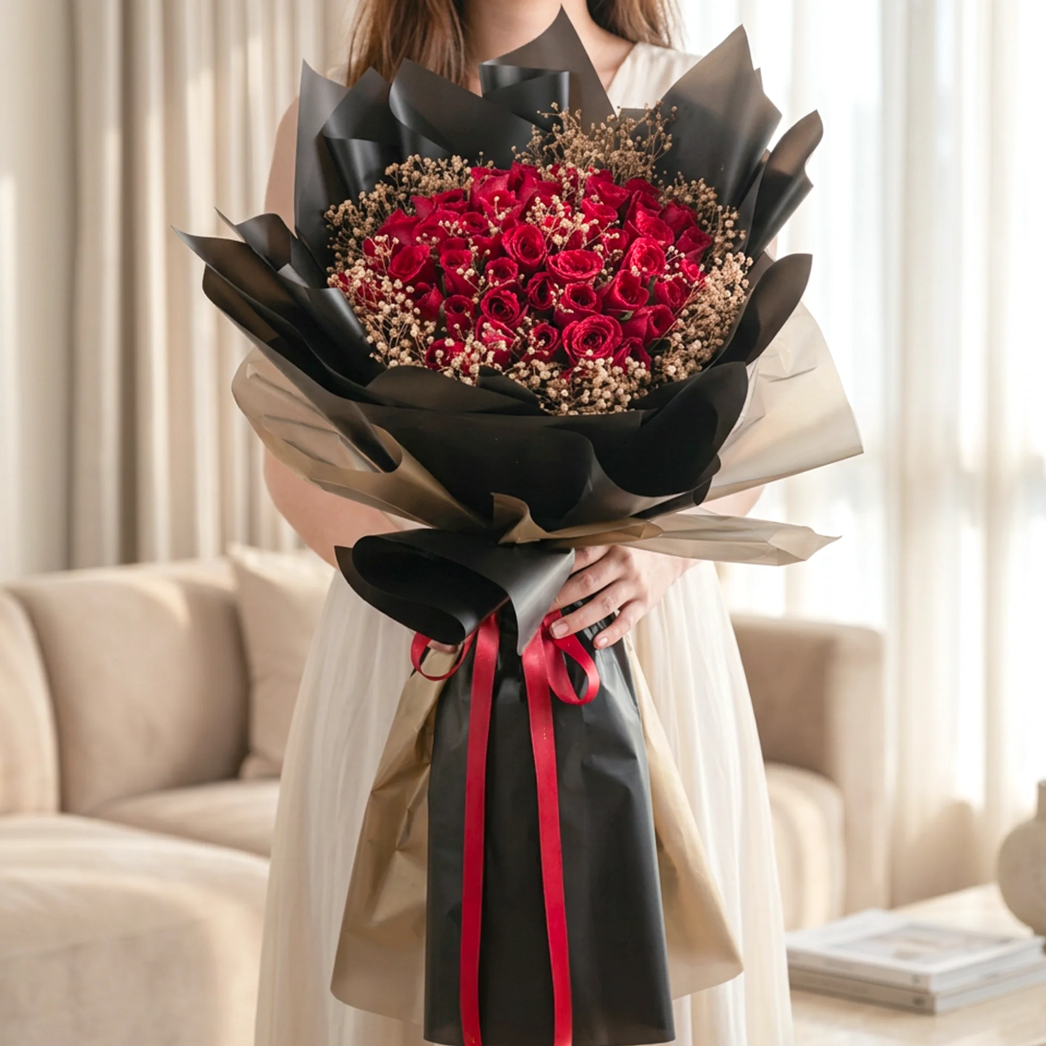 Bouquet of 50 Red Roses in elegant black wrapping