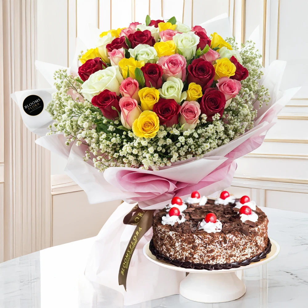 Mix Roses Bouquet with Cake