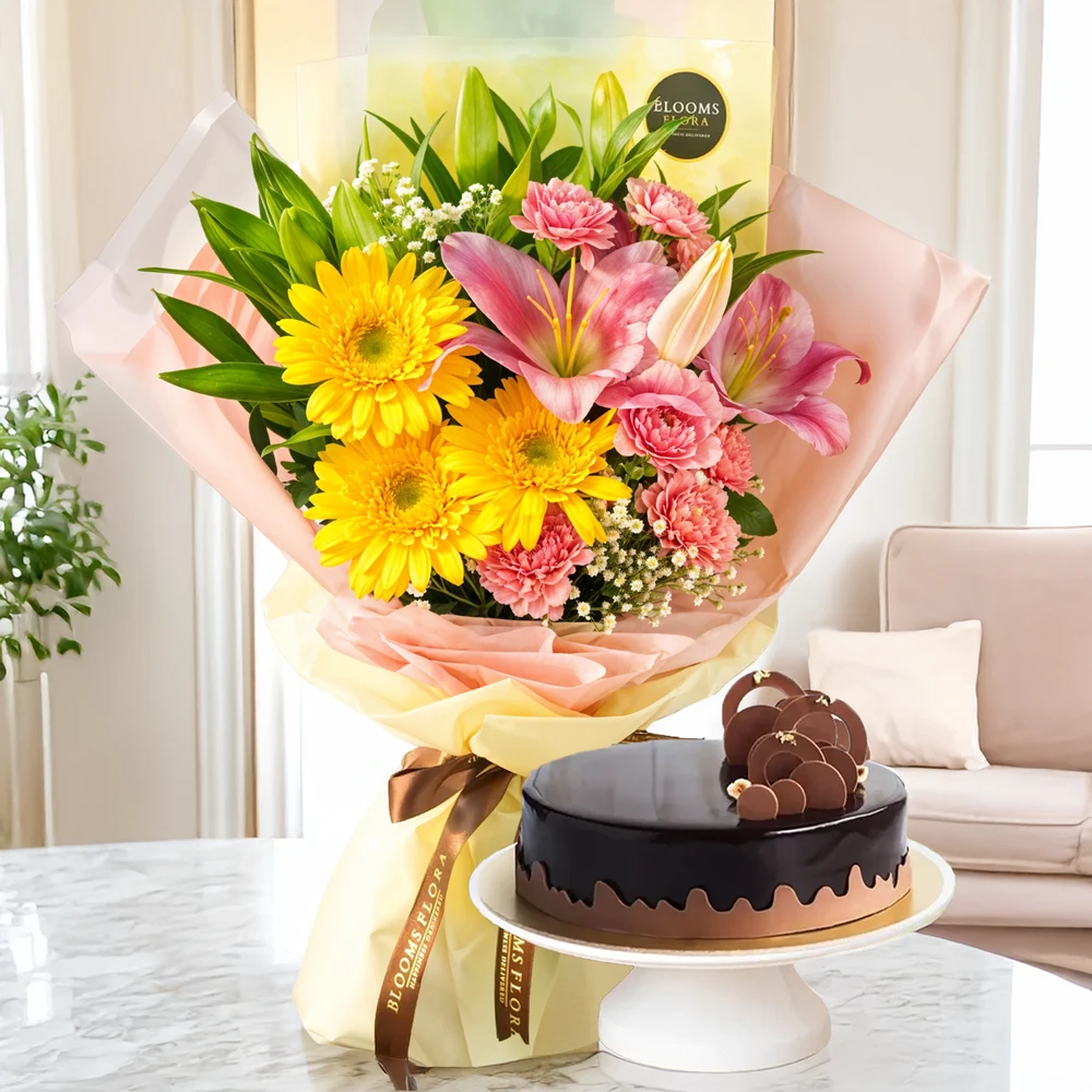 Send Yellow & Pink Flowers Bouquet with Cake Online
