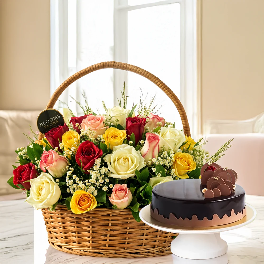 Mix Roses in Basket & Chocolate Cake