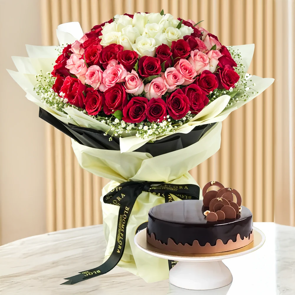 Mixed Color Roses Bouquet & Cake