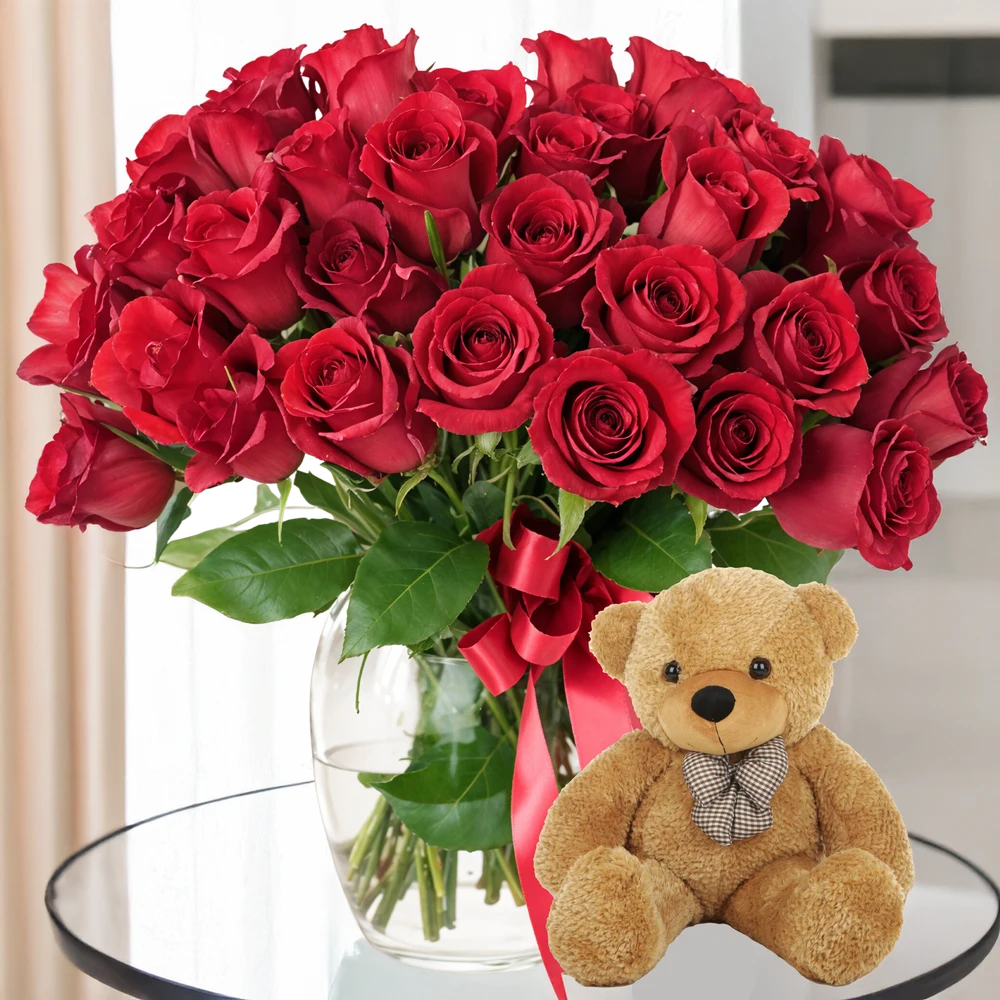 Red Roses in Vase with Teddy Bear