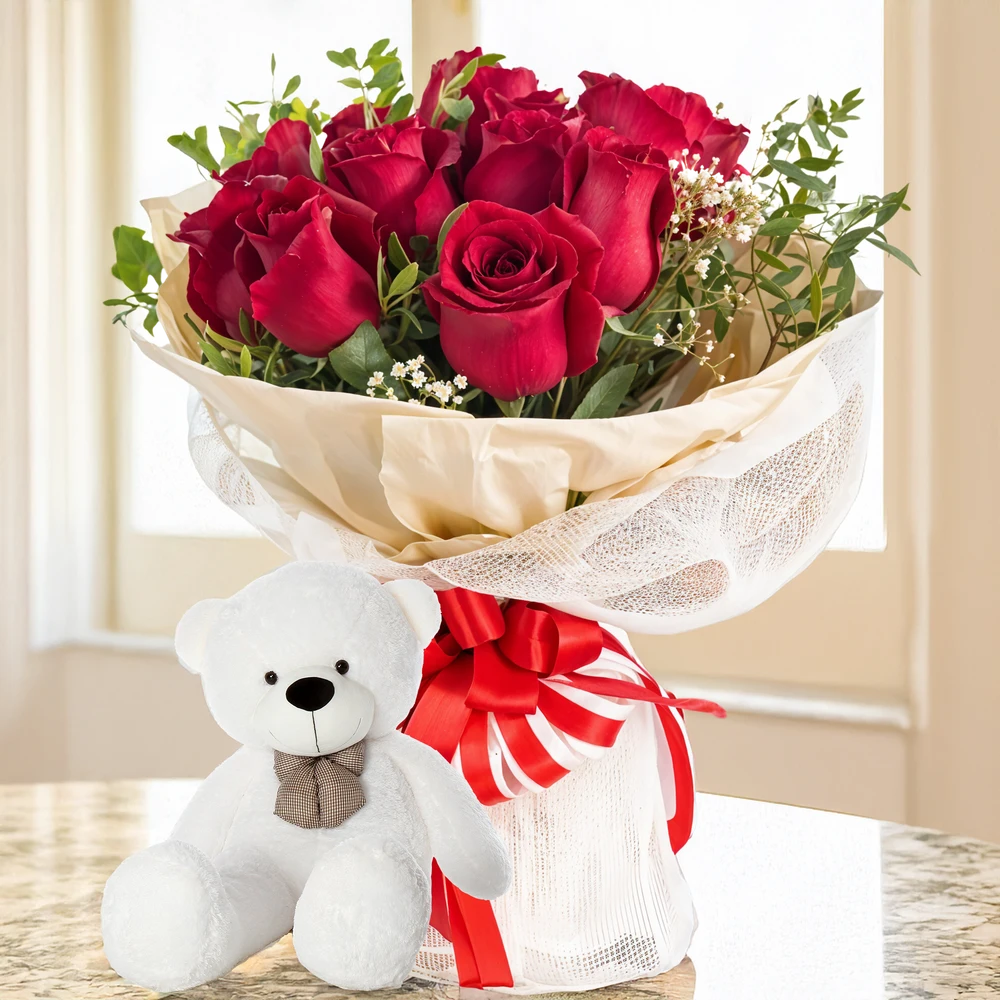 Bouquet of Red Roses and Teddy Bear