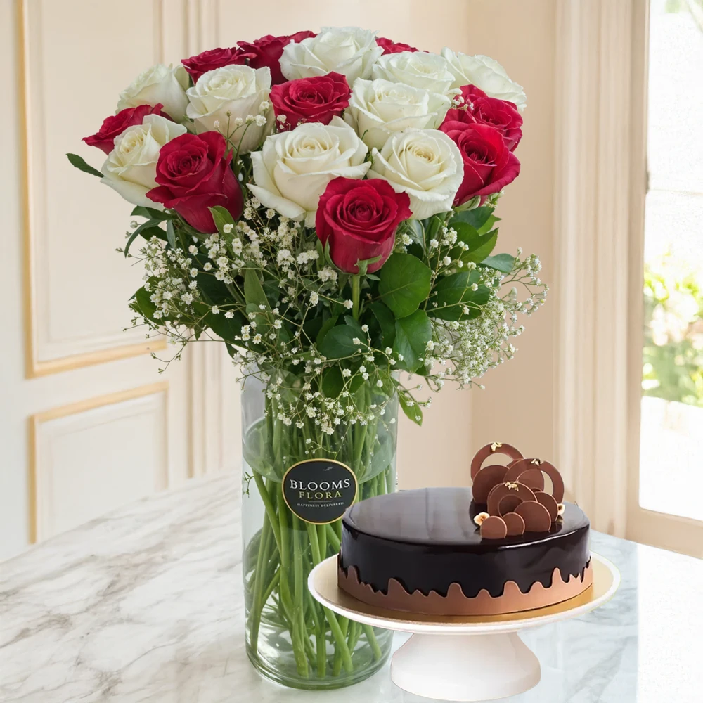 Red & White Roses in Vase with Cake