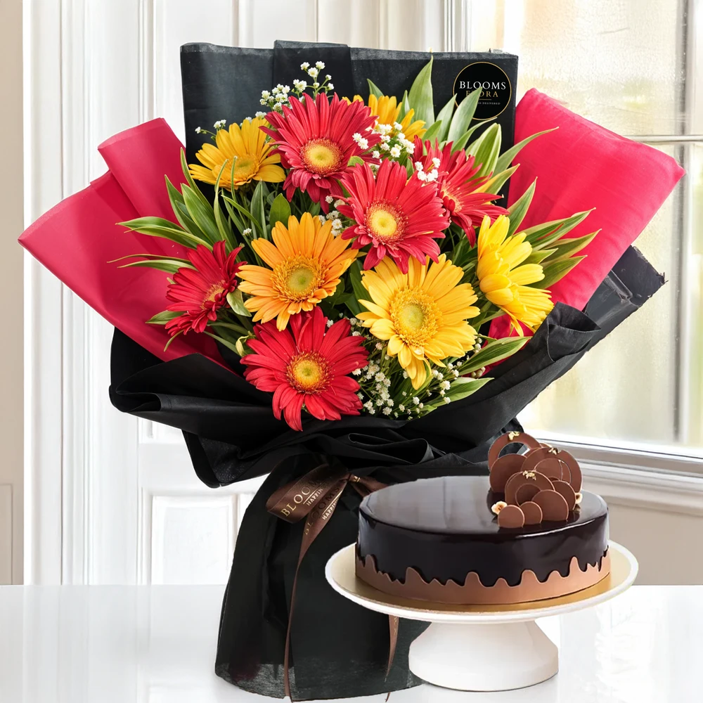 Bouquet of Red & Yellow Gerberas with Cake