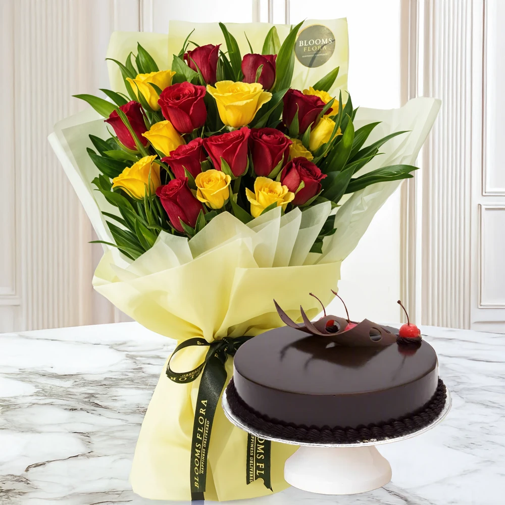 Bouquet of Red & Yellow Roses with Cake
