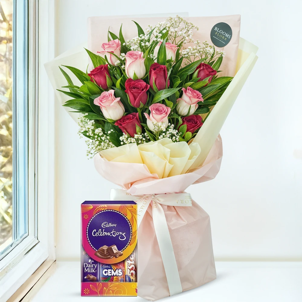 Bouquet of Red & Pink Roses with Chocolate
