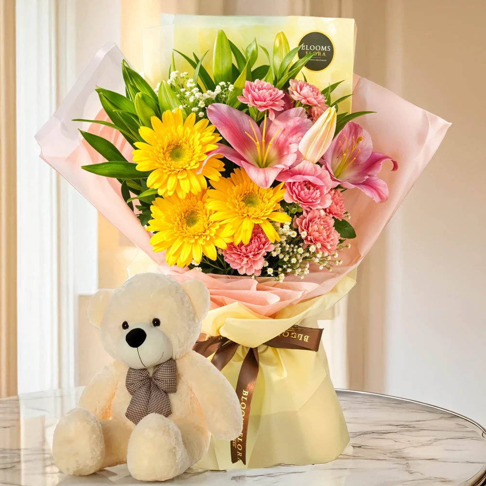 Send Yellow & Pink Flowers Bouquet with Teddy Bear