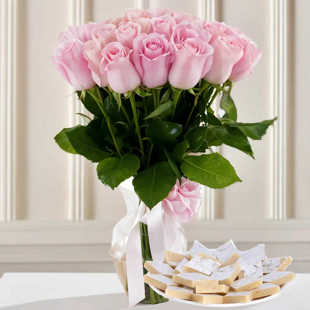 Pink Roses in Vase & Kaju Katli