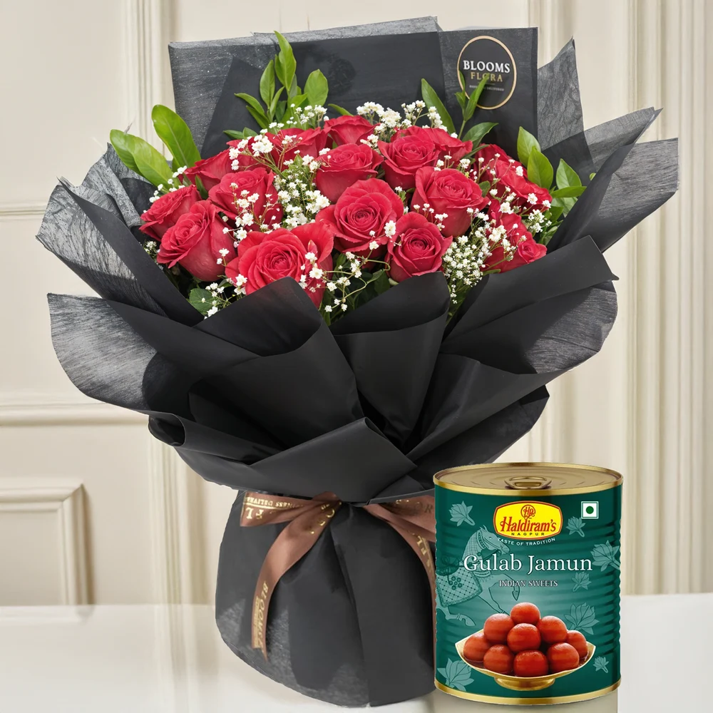 Red Roses Bouquet & Gulab Jamun