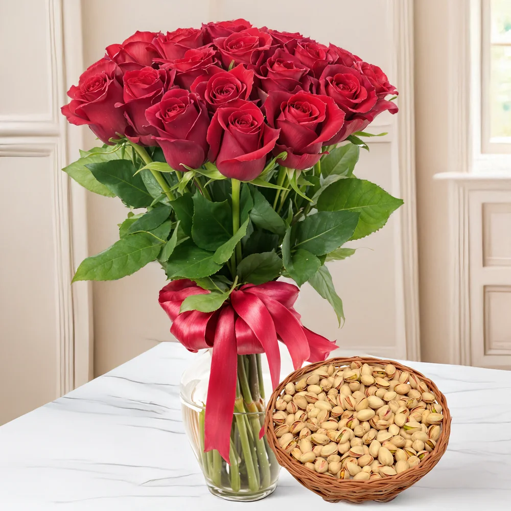 20 Red Roses In Glass Vase & 1 Kg Pistachios