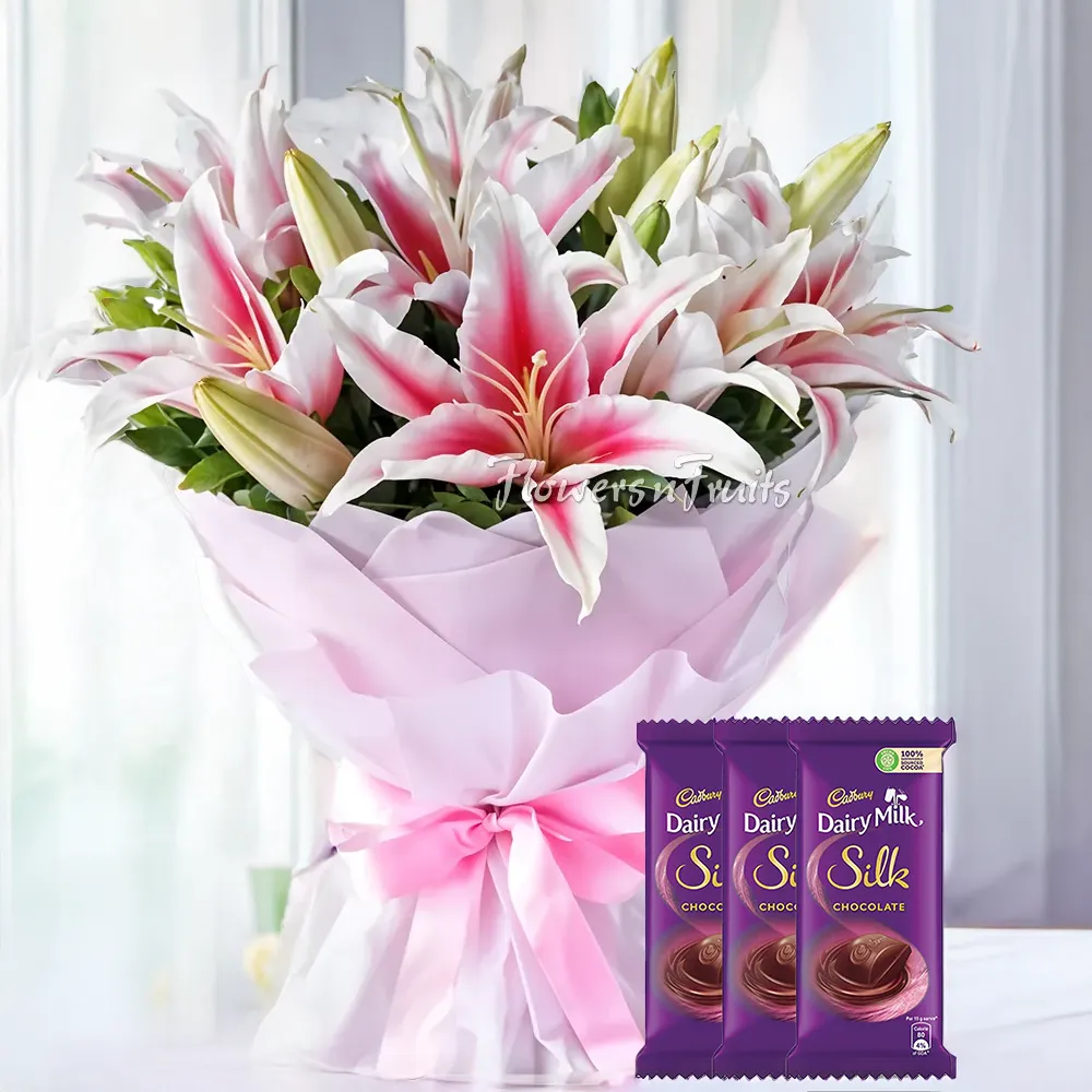 Bouquet of Pink Lilies & Dairy Milk Silk