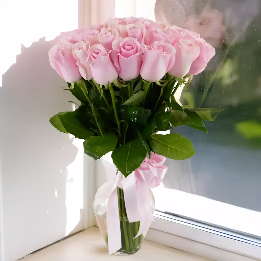 30 pink roses in a vase