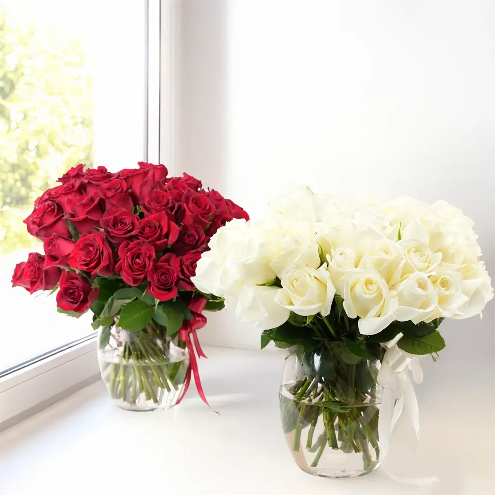 Glass Vase of 50 red and 50 white roses