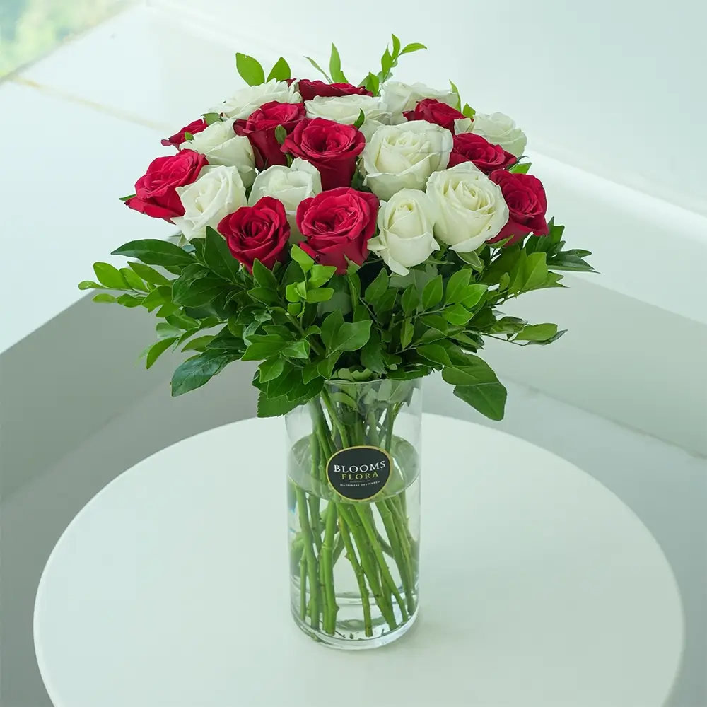 A glass vase with 24 white and red roses