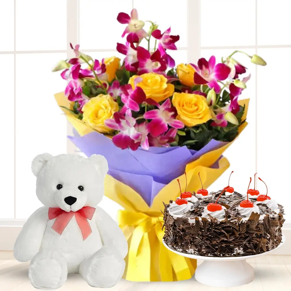 5 yellow roses and 5 purple orchids bouquet with half kg black forest cake and teddy