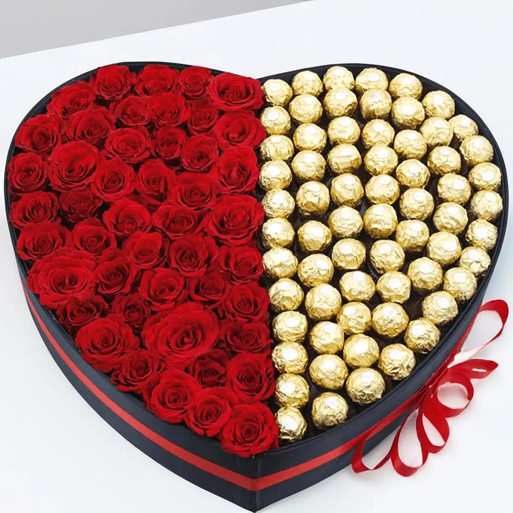 Red Roses & Ferrero Roccher in Heart Shape Box
