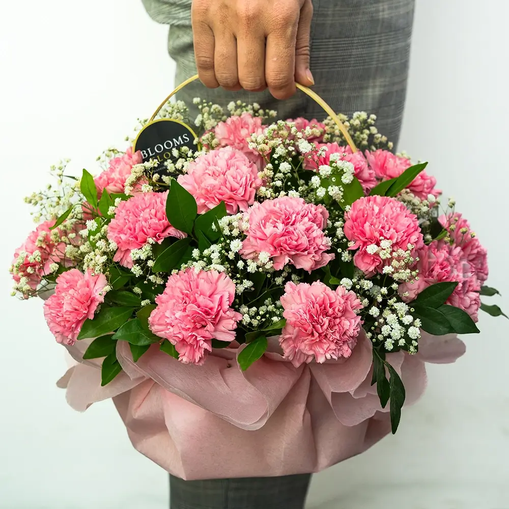 20 pink carnations in a basket