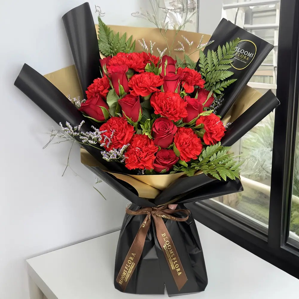 10 red roses and 10 red carnations bouquet