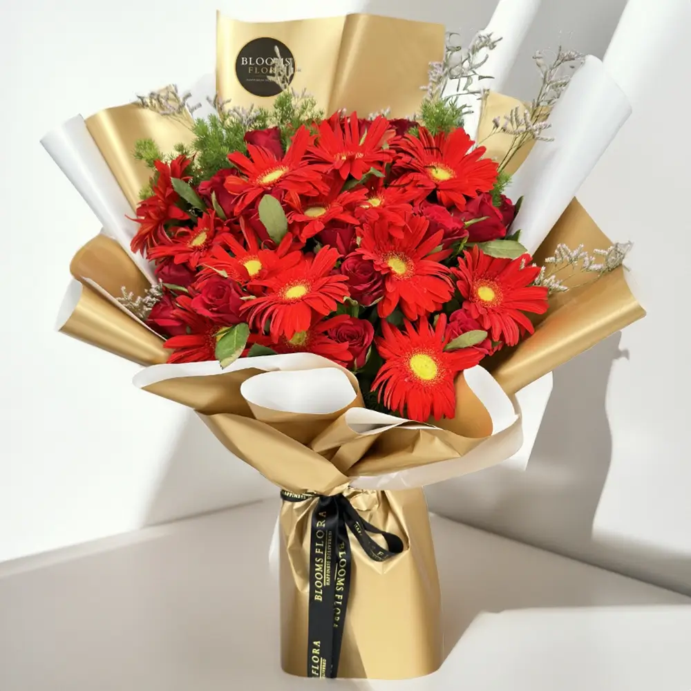 bouquet 10 red gerberas and 12 red roses