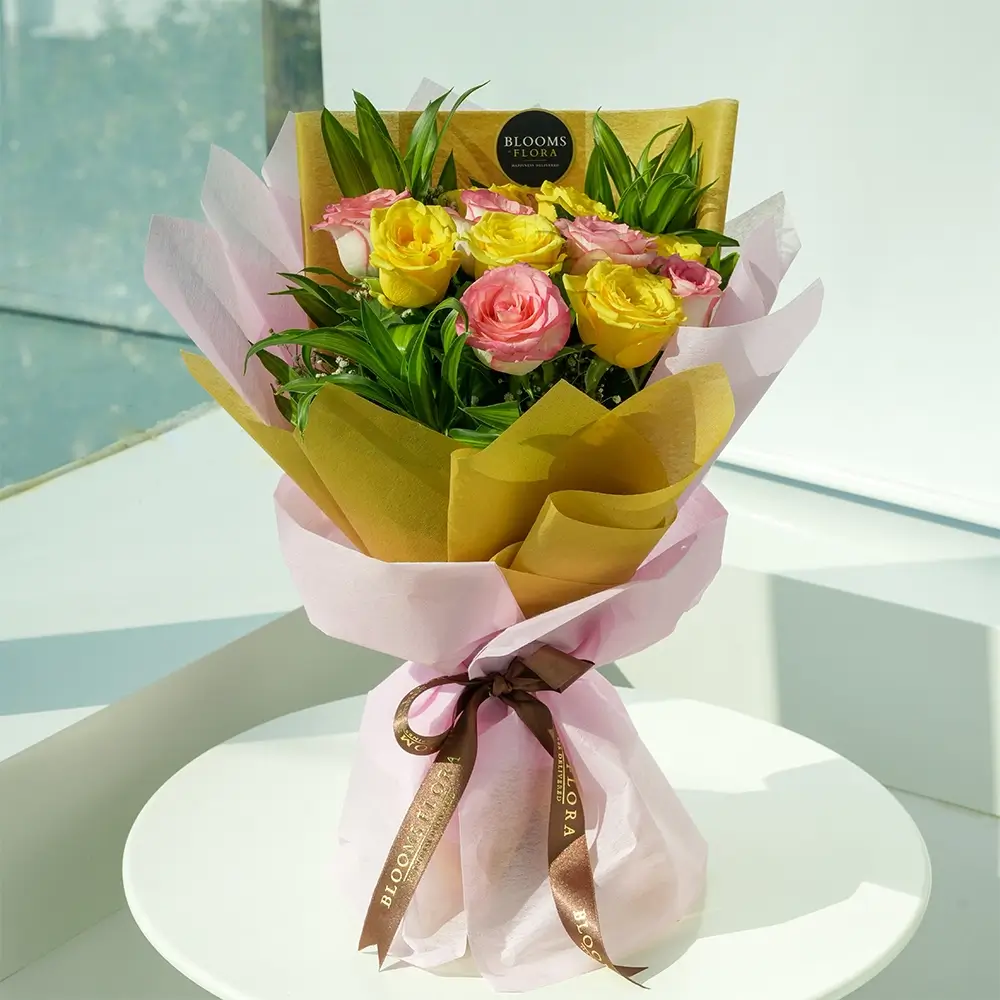 6 yellow roses and 6 pink roses bouquet