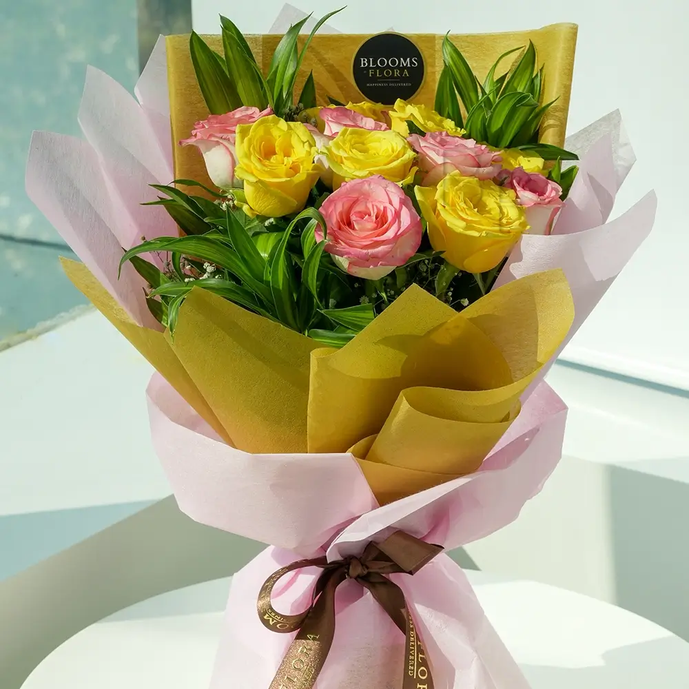 6 yellow roses and 6 pink roses bouquet