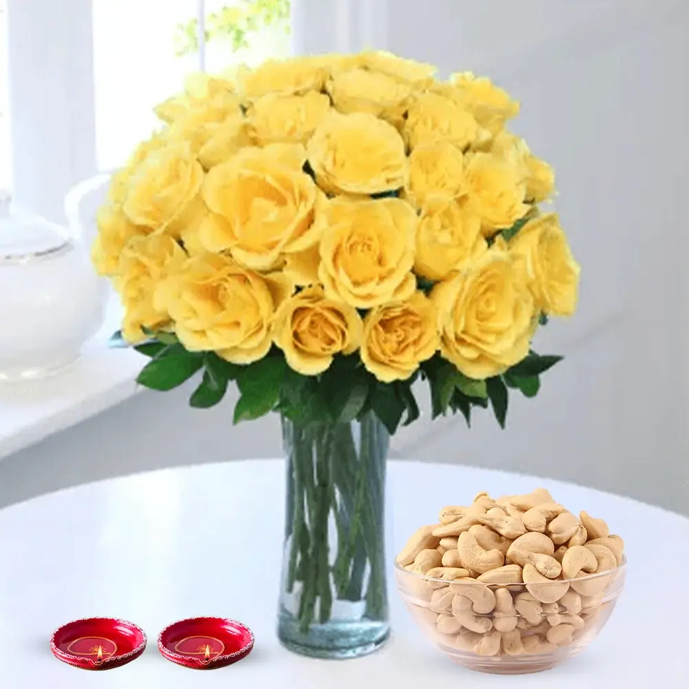 Roses Bouquet With Cashew & Diyas