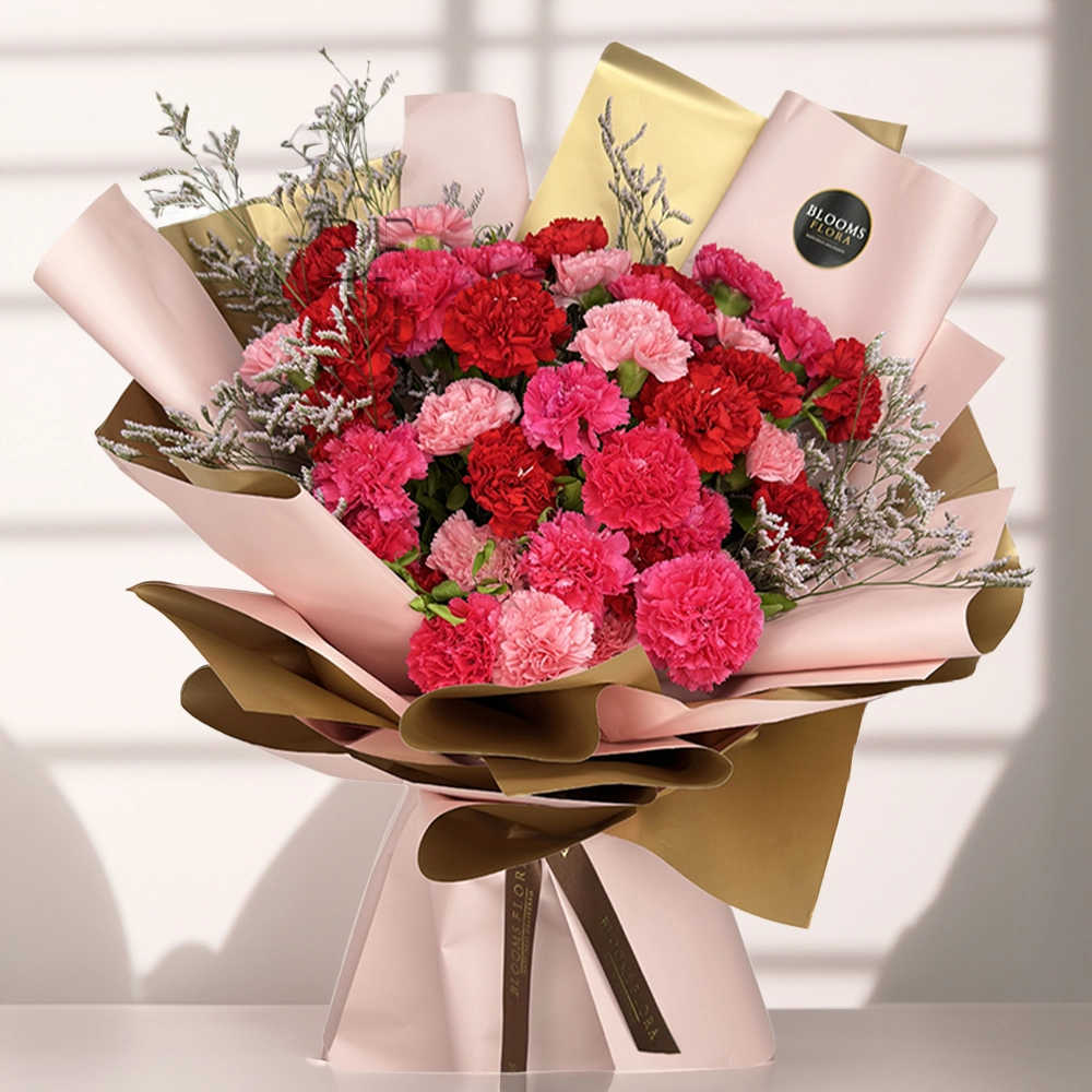 bouquet of red, pink and dark pink carnations
