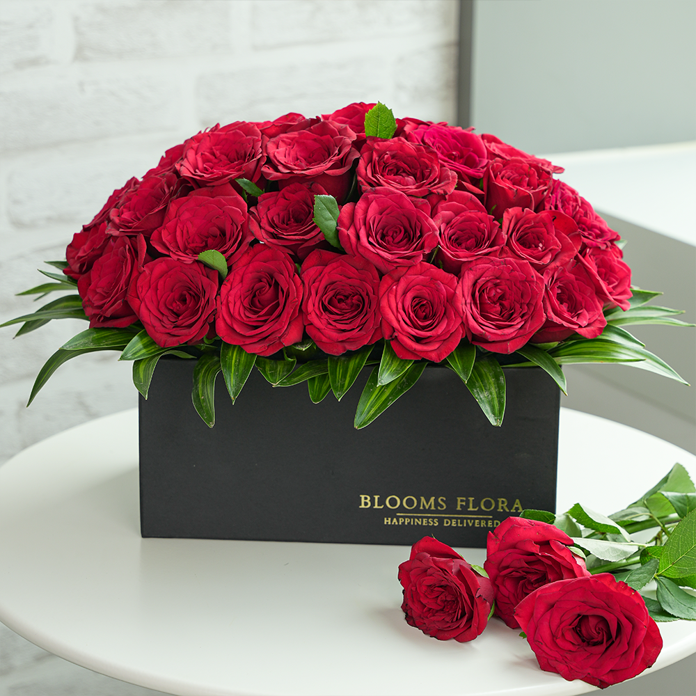 40 red roses in a black box