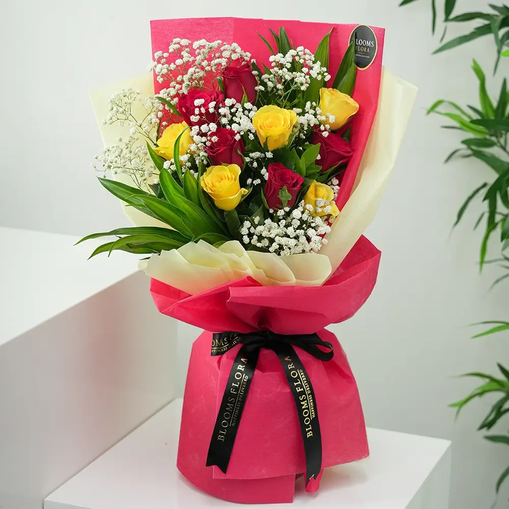 10 yellow and red roses bouquet