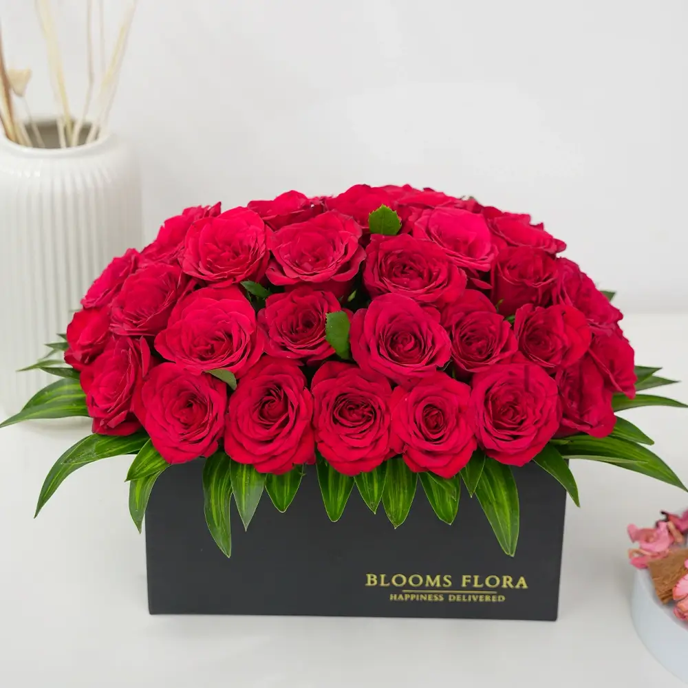 40 red roses in a black box