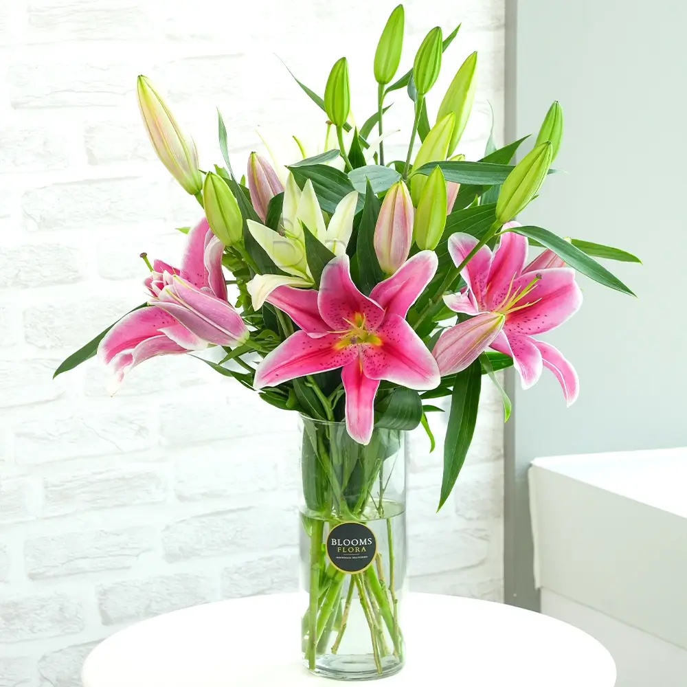 2 white and 2 pink lilies in a vase