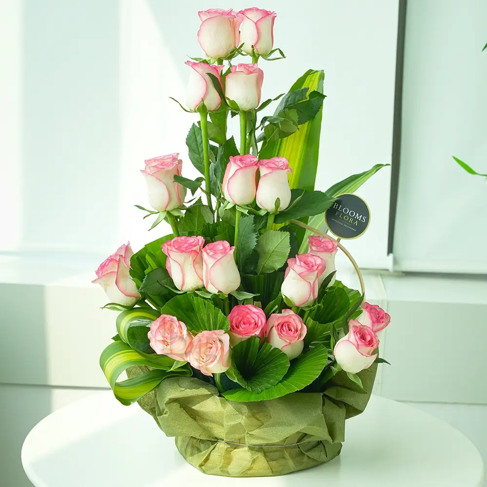 18 Pink Roses un a basket