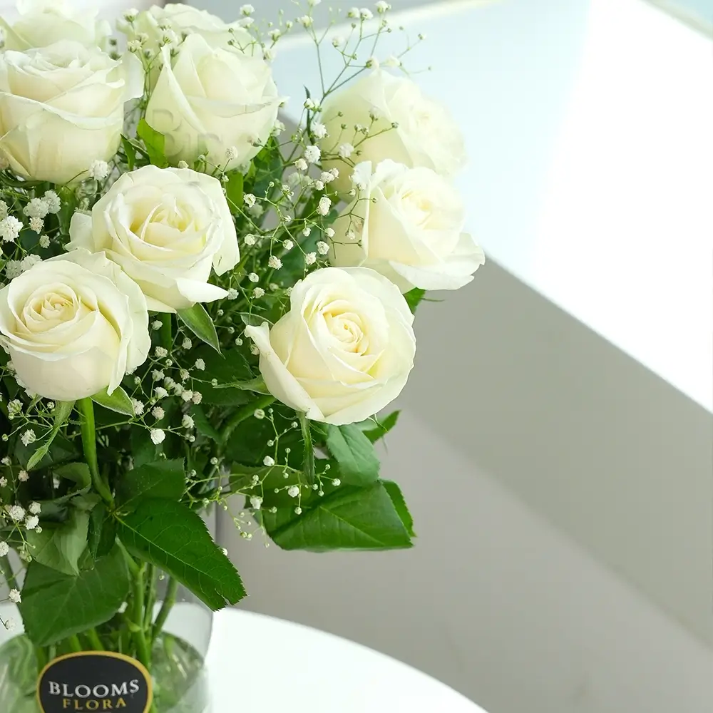 12 white roses in a vase