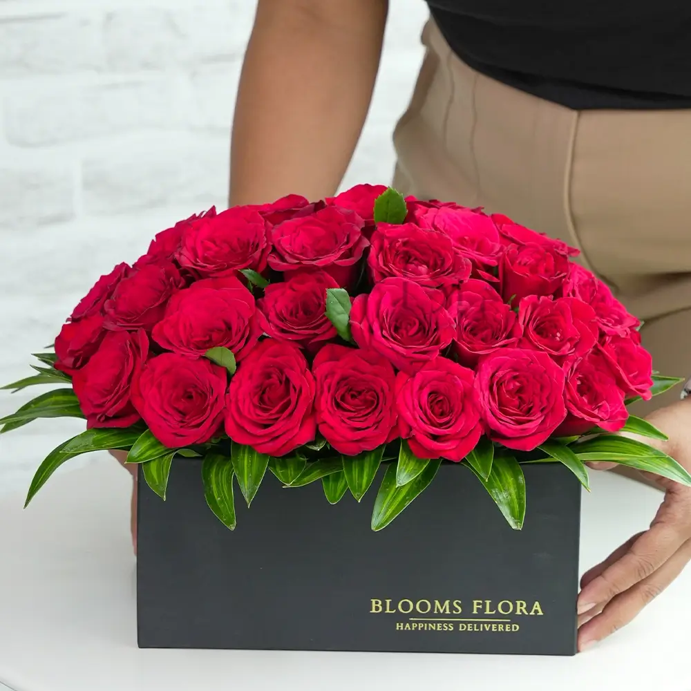 40 red roses in a black box