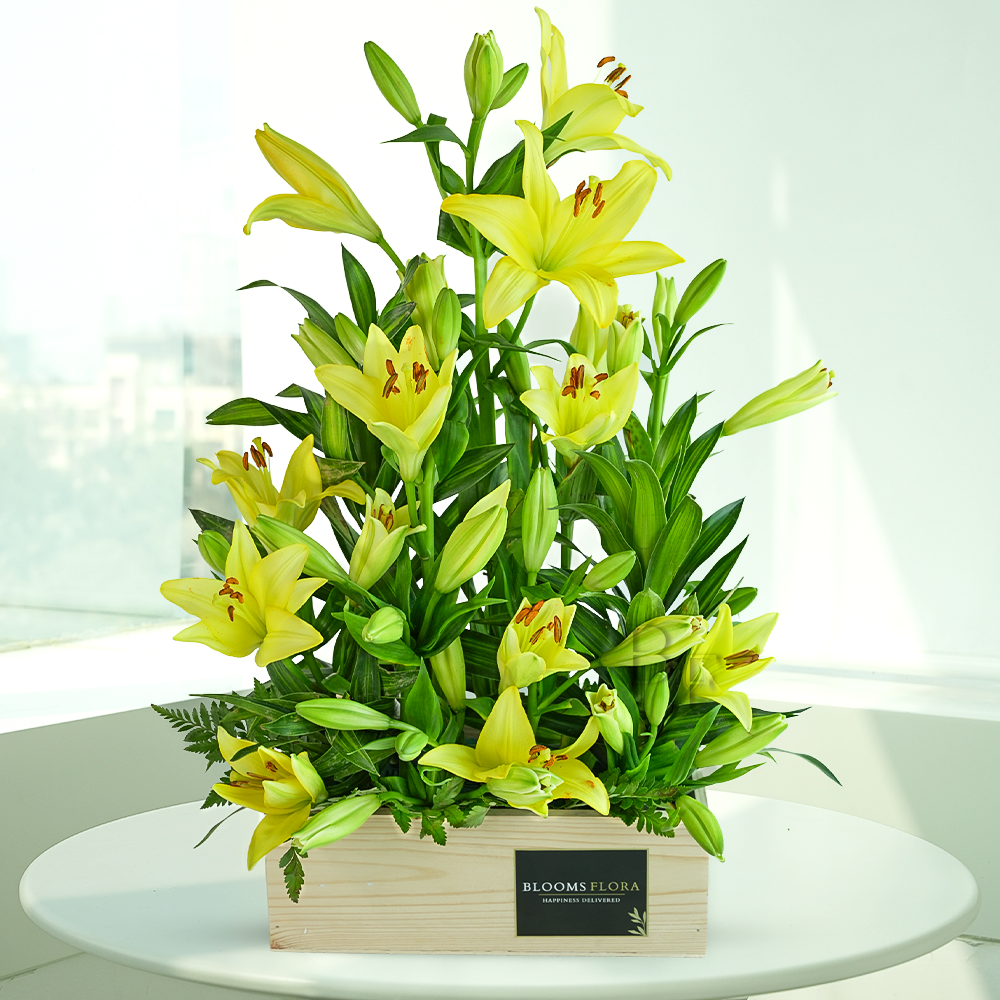 Wooden box arrangement of 7 yellow lilies