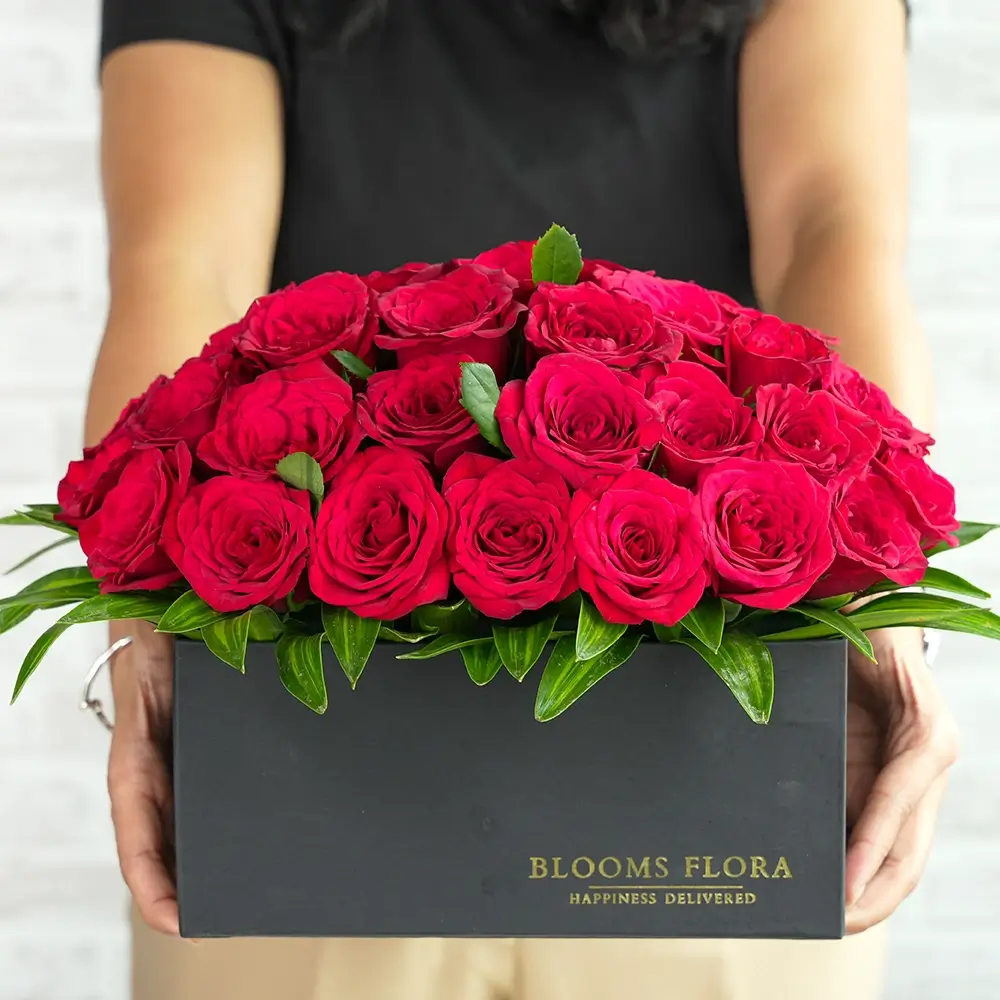 40 red roses in a black box