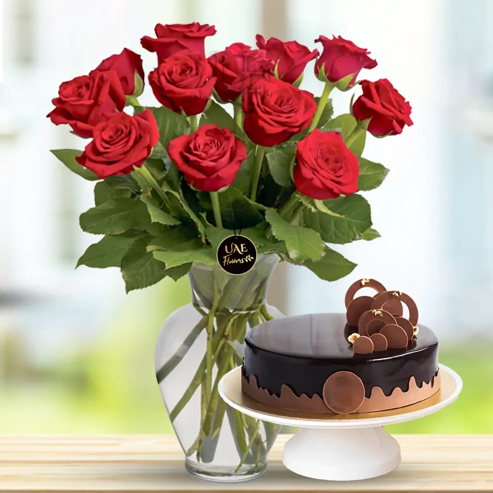 Red Roses In A Glass Vase with Cake