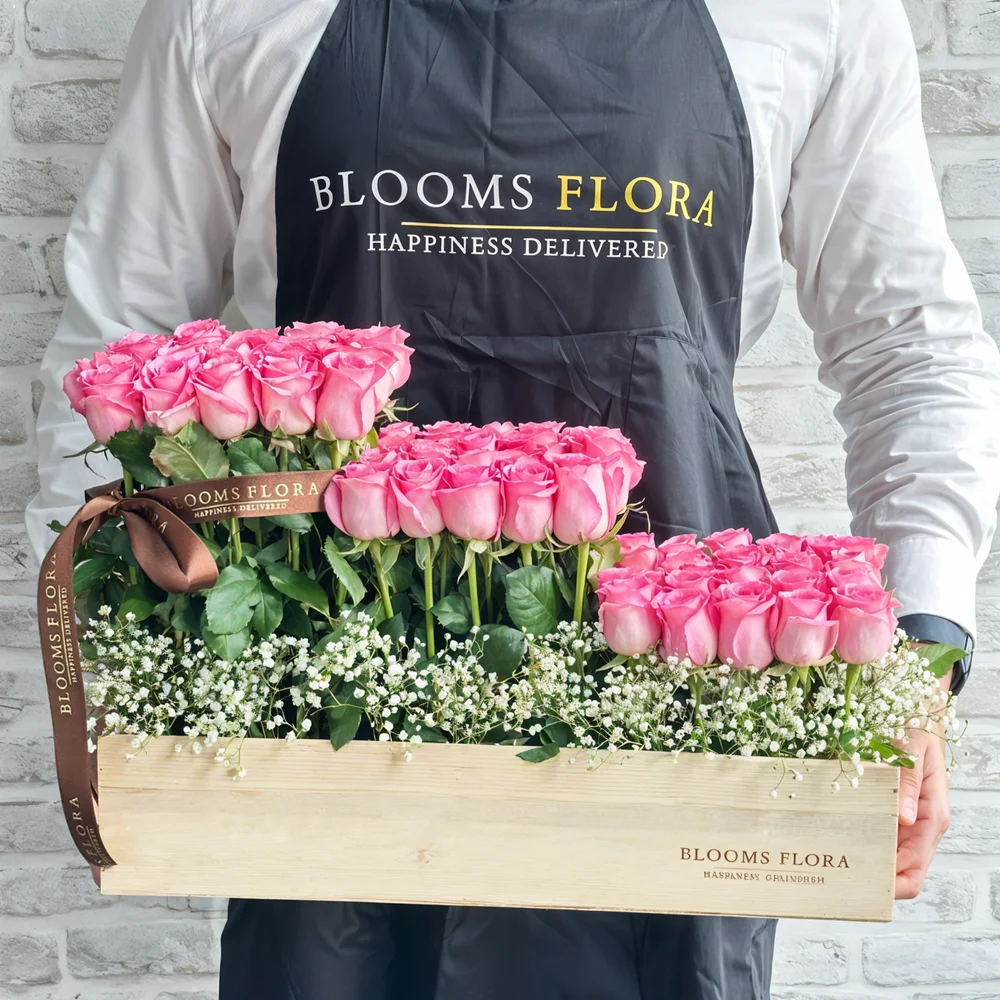 60 Pink Roses in Wooden box