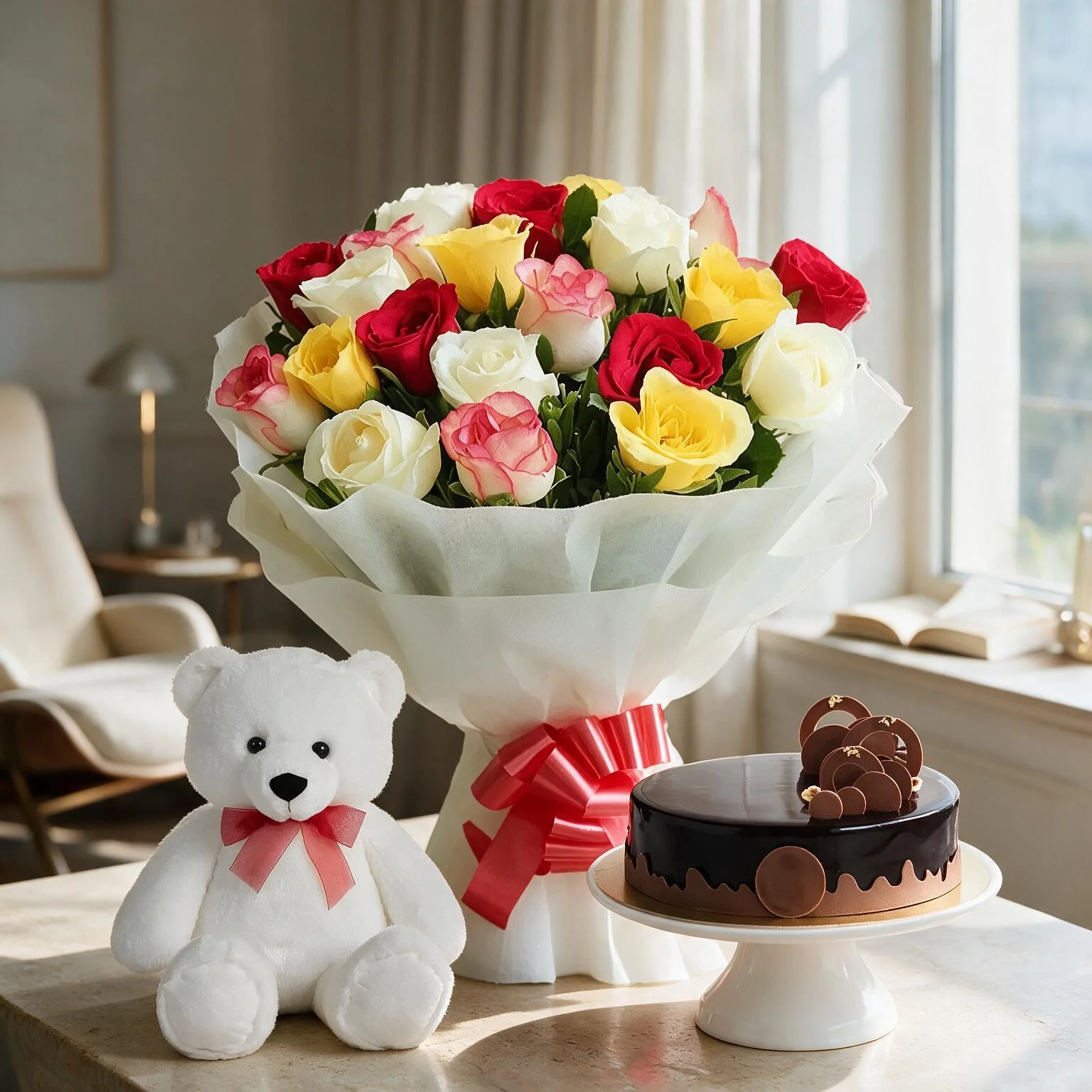 Mixed Roses Bouquet With Cake & Teddy