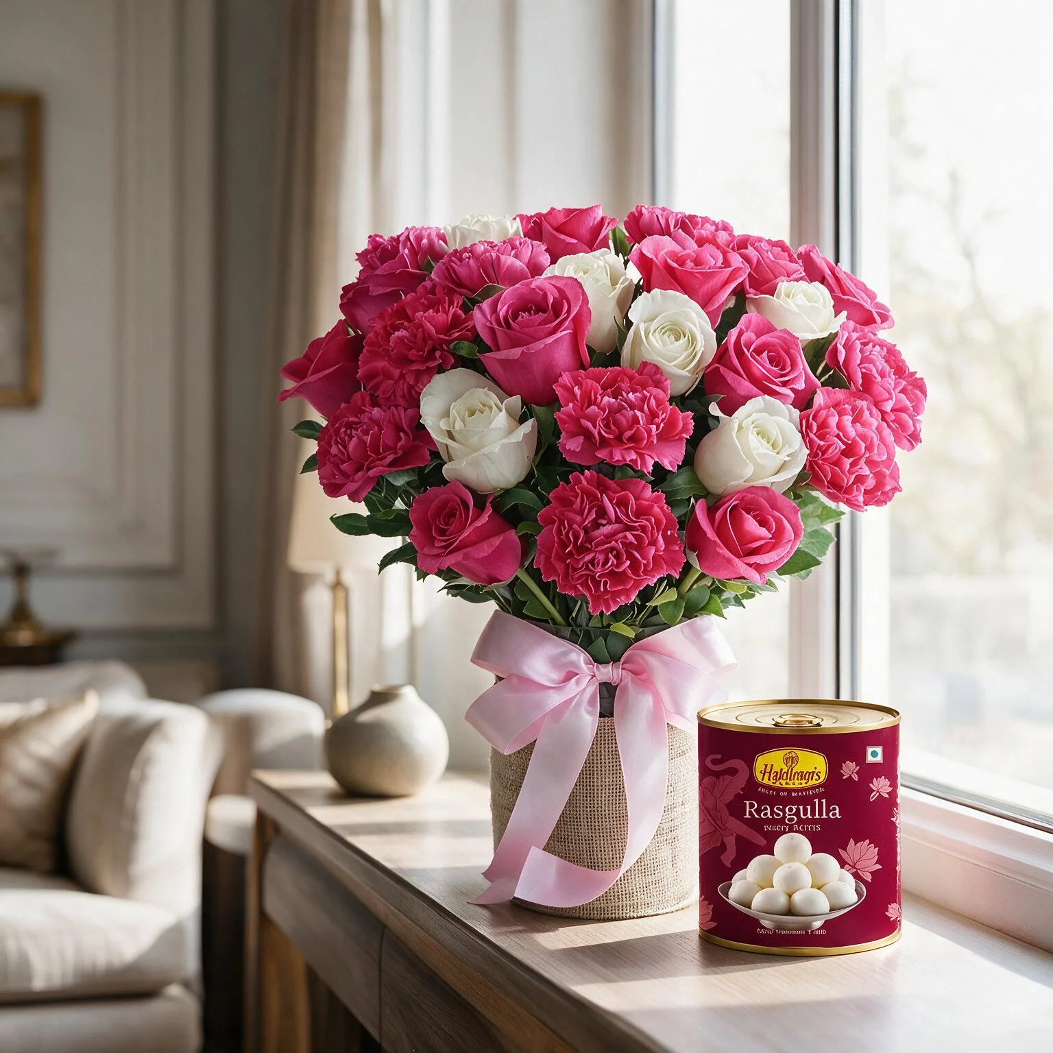 Roses & Carnations Vase Arrangement with 1Kg Rasgulla