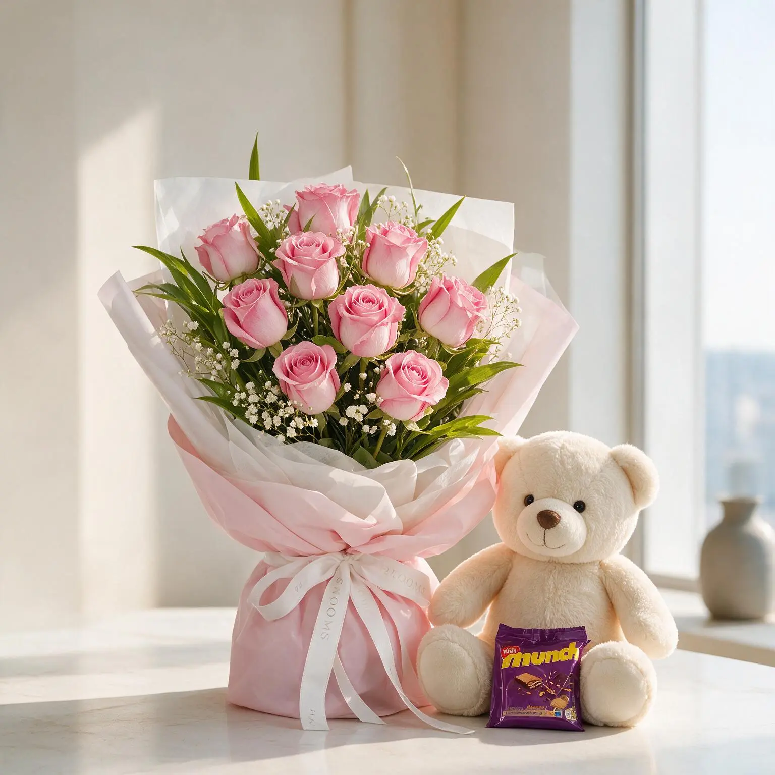 8 pink roses with Munch mini-pack chocolates