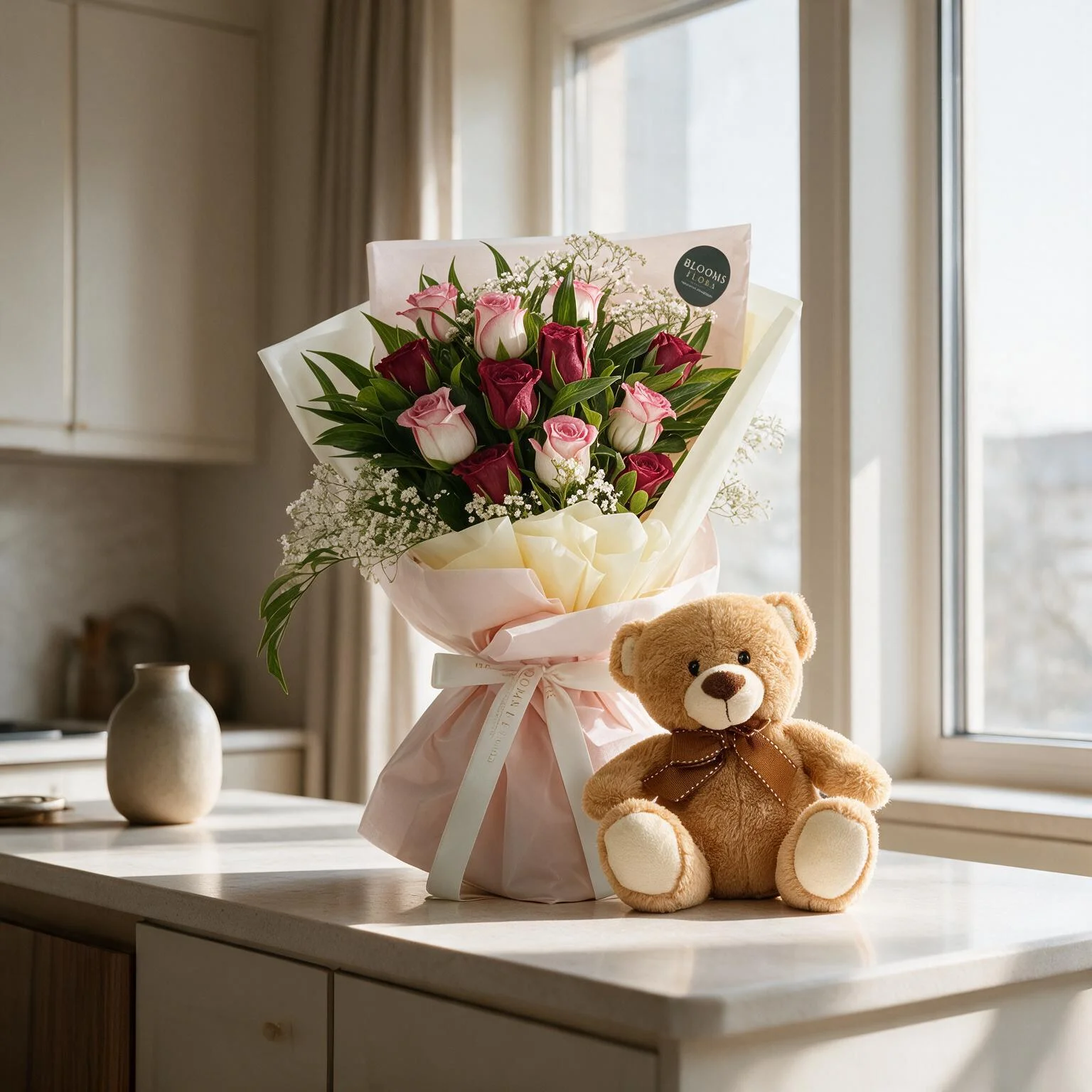 Bouquet of Red & Pink Roses with Small Teddy
