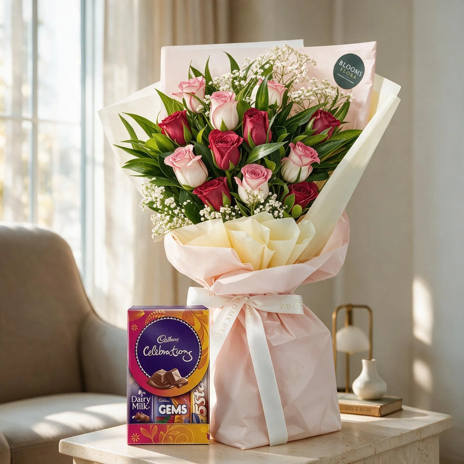 Bouquet of Red & Pink Roses with Chocolate