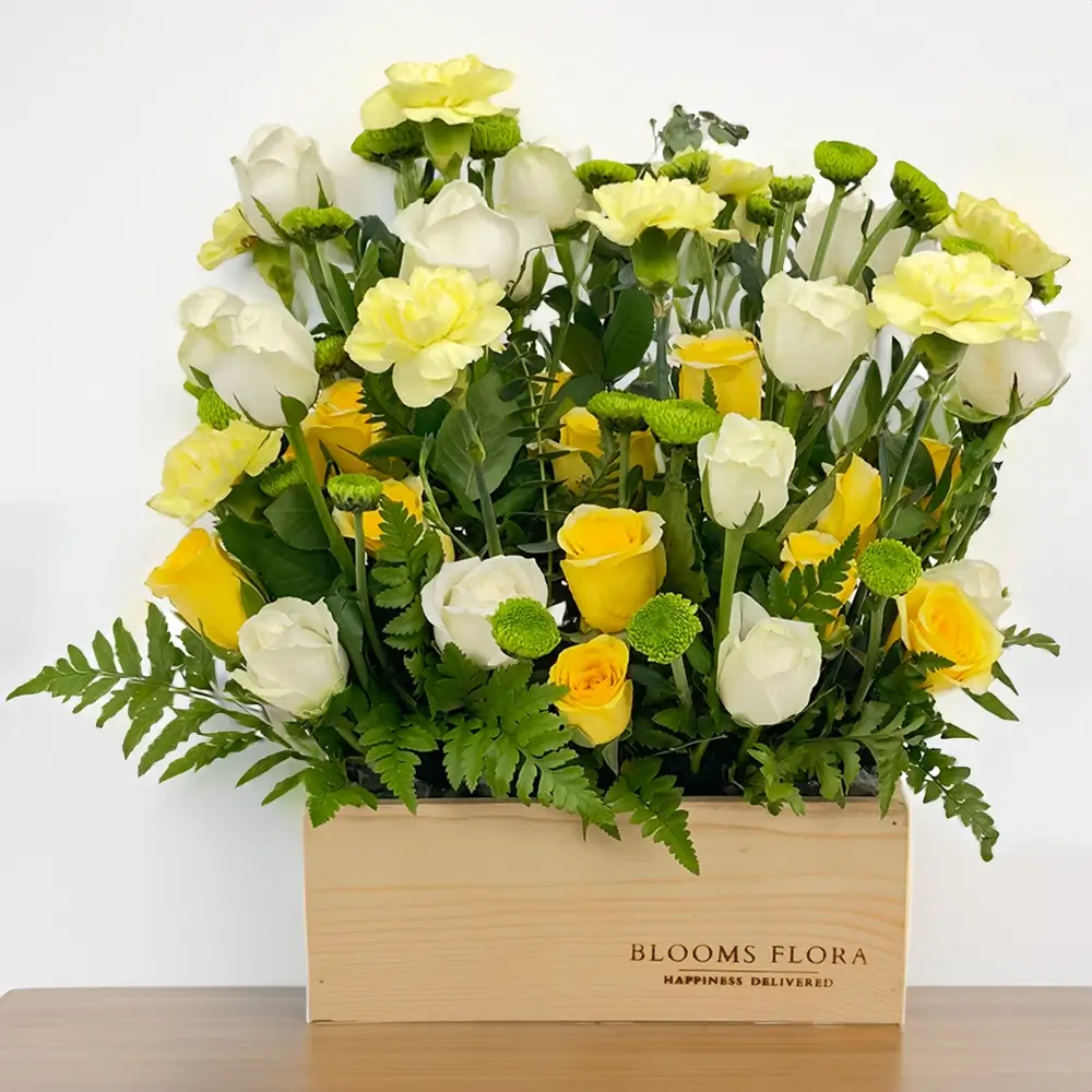 Roses and Carnations in Wooden Tray
