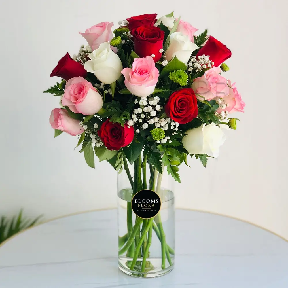 vase of 20 red, pink and white roses
