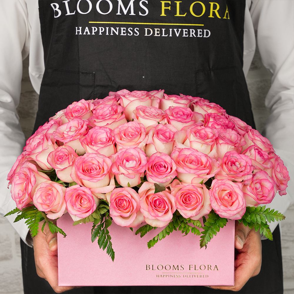 50 pink roses in a pink box