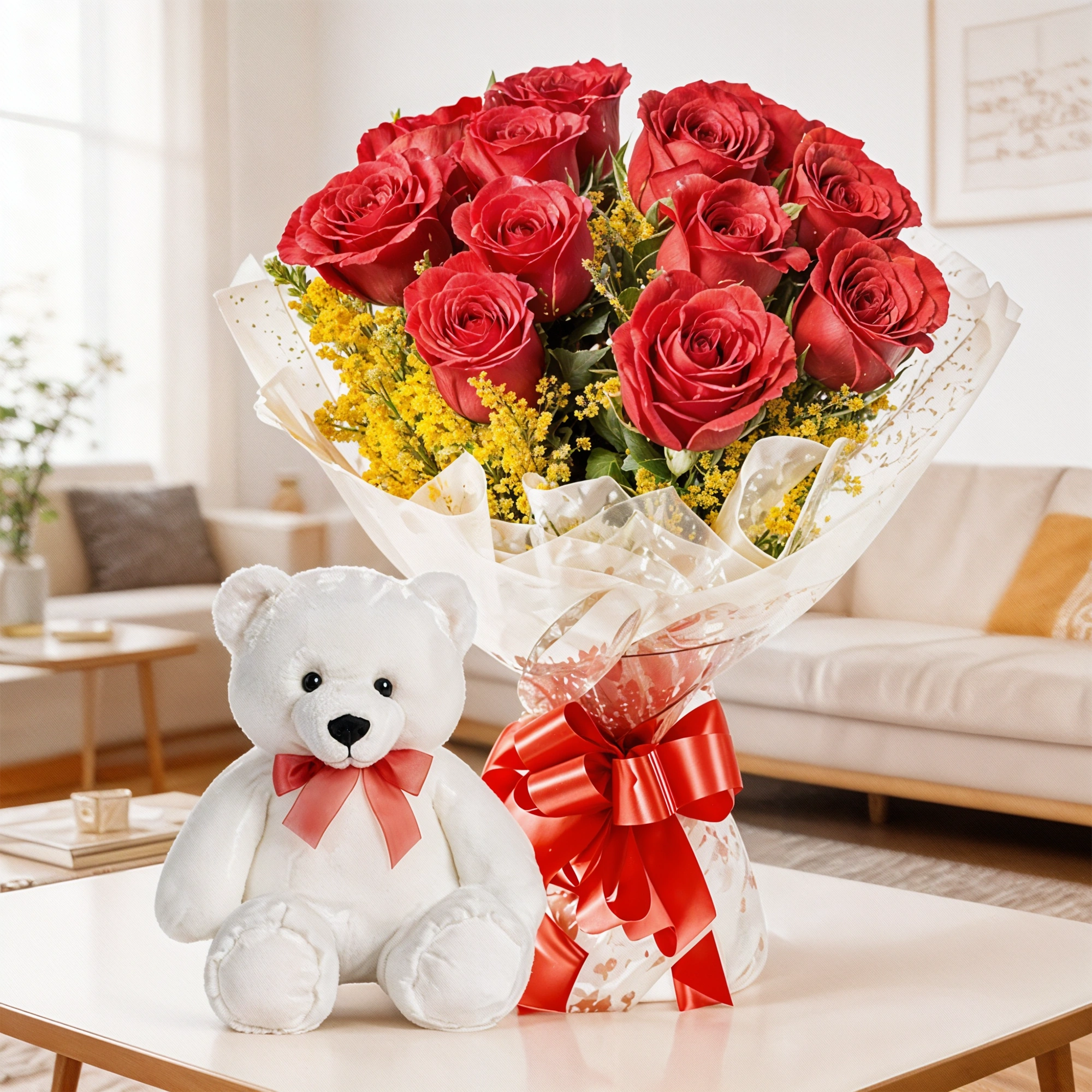 Red Roses with Mini Teddy