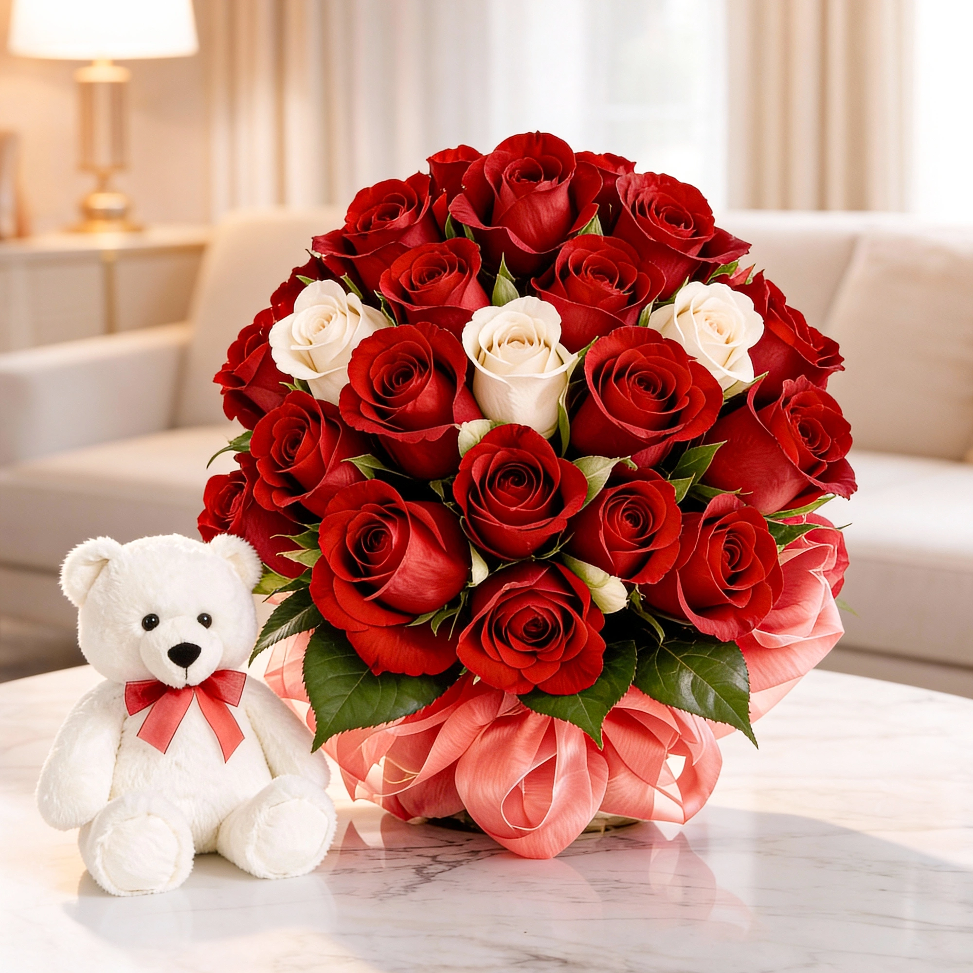 18 red roses and 3 white roses with 6 inches teddy bear