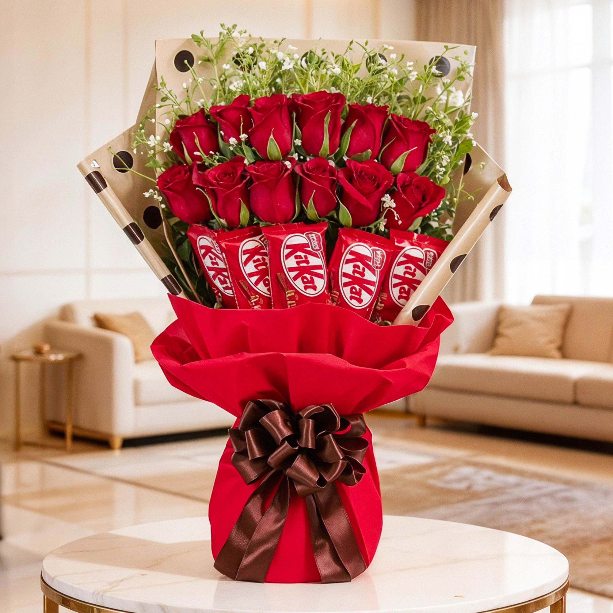 12 red roses and 5 kitkat bouquet